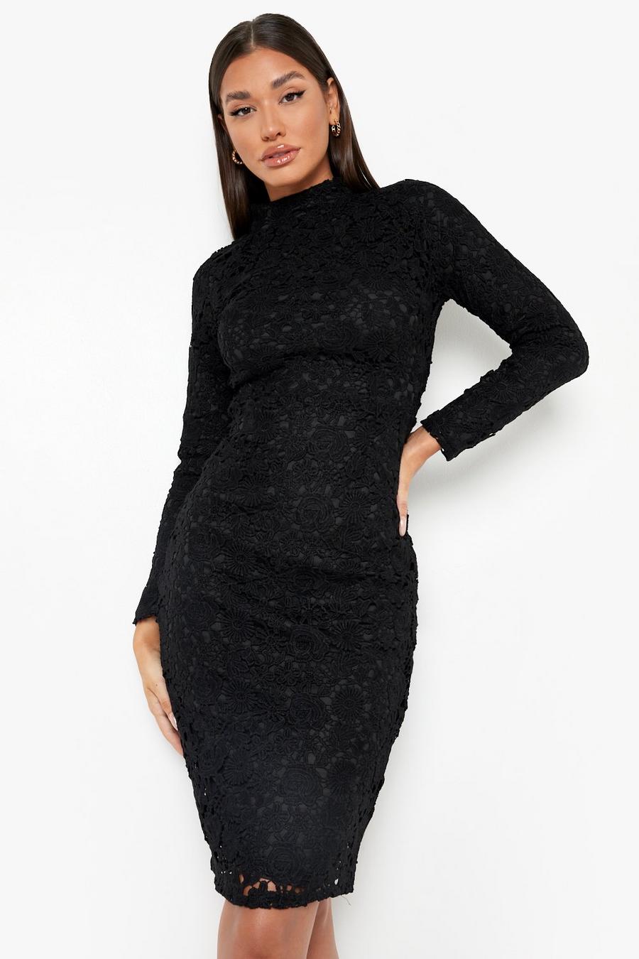 Black Lace High Neck Midi Bodycon Dress image number 1
