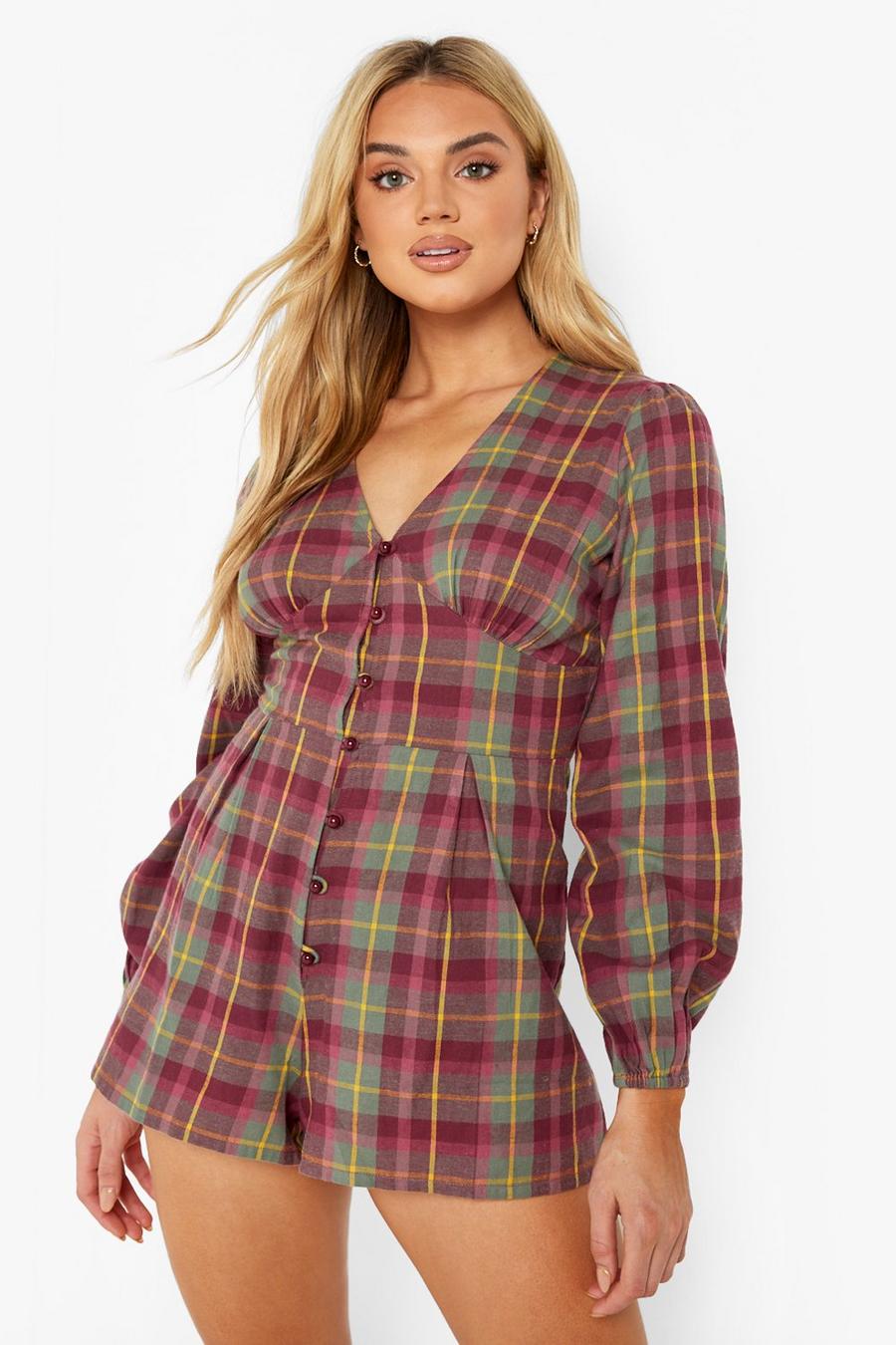 Pink Check Button Detail Puff Sleeve Playsuit image number 1