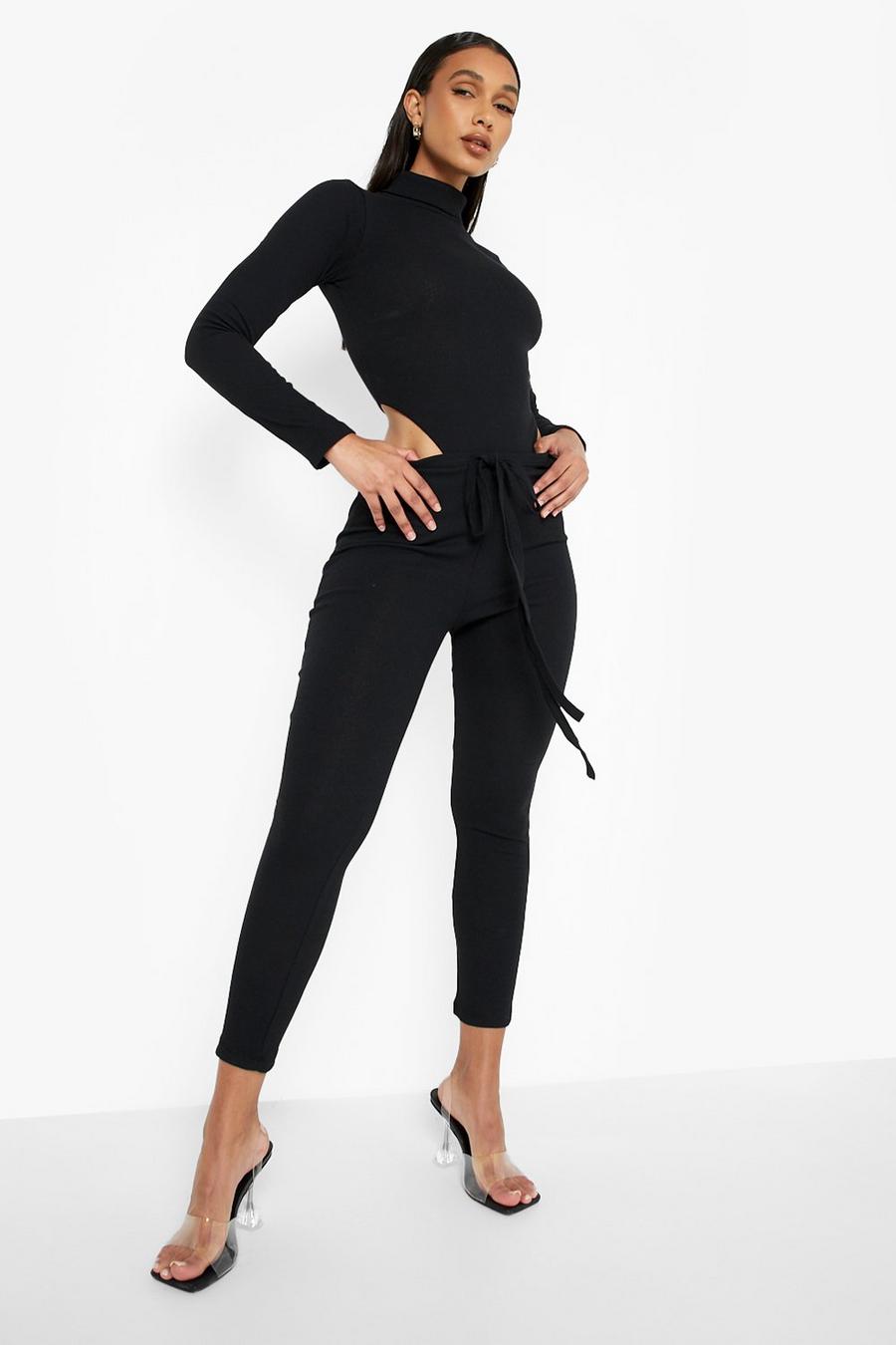 Black Rib Strap Detail Leggings image number 1