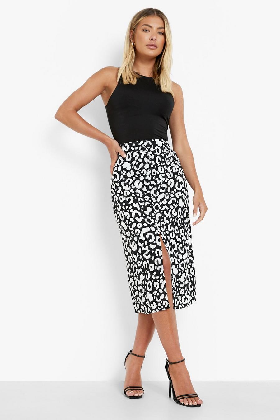 Black Button Front Woven Animal Print Midi Skirt image number 1