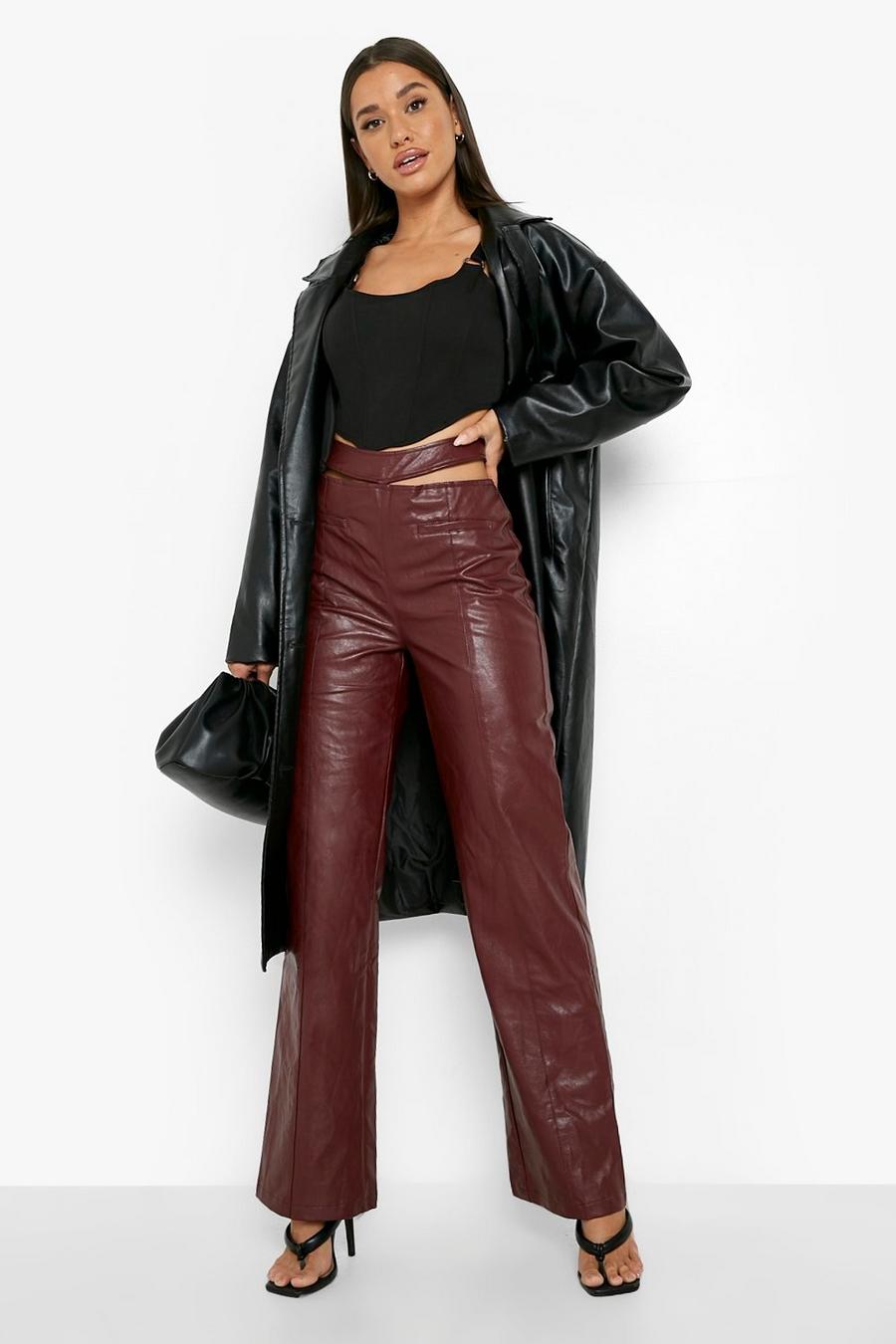 Berry Faux Leather Strap Waist Leather Look Trousers image number 1