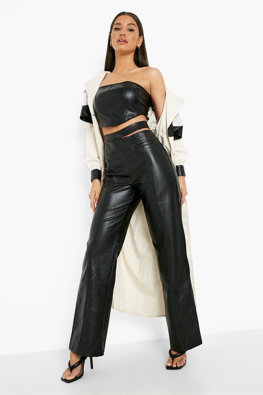 Black Faux Leather Strap Waist Leather Look Trousers image number 1