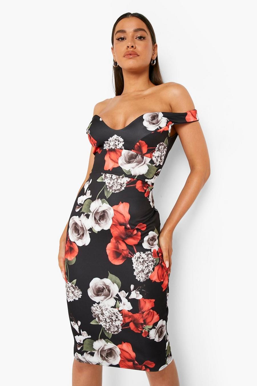 Black Floral Print Off Shoulder Bodycon Midi Dress image number 1