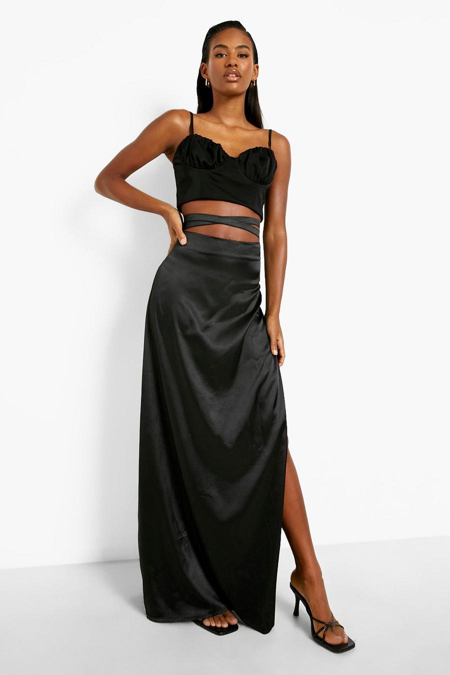 Black negro Satin Tie Waist Detail Maxi Skirt image number 1