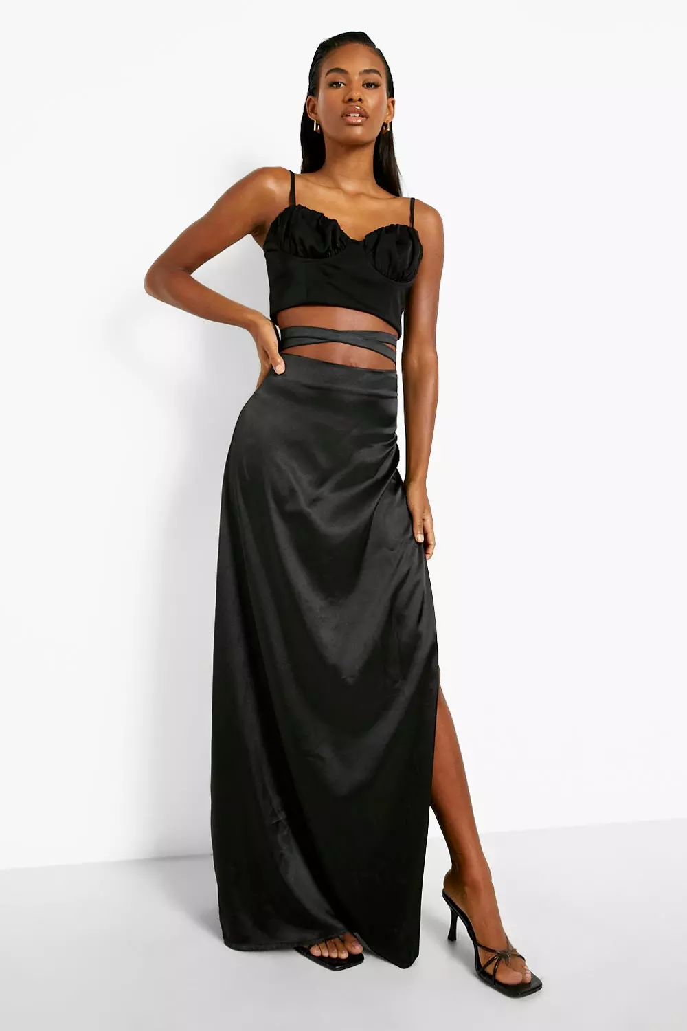 Black satin maxi 2025 skirt with split