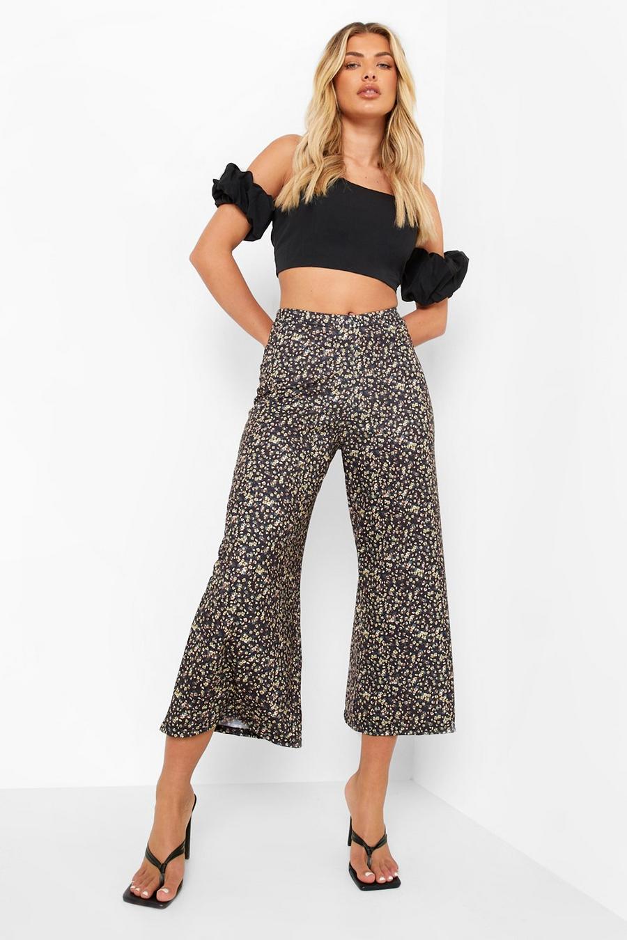 Black negro Ditsy Floral Print Jersey Culotte