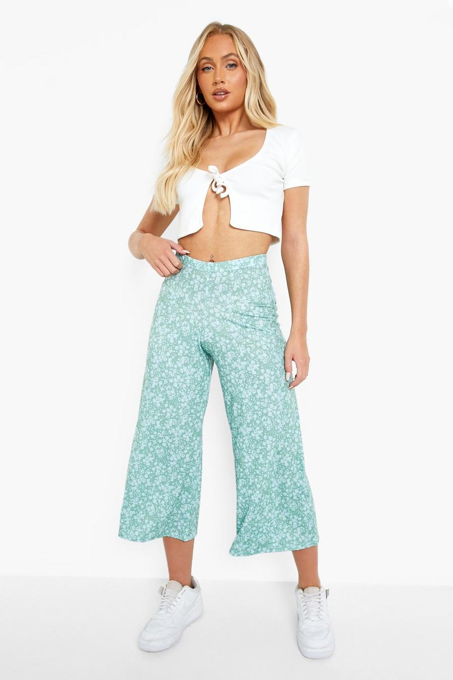 Sage green Ditsy Floral Print Jersey Culotte
