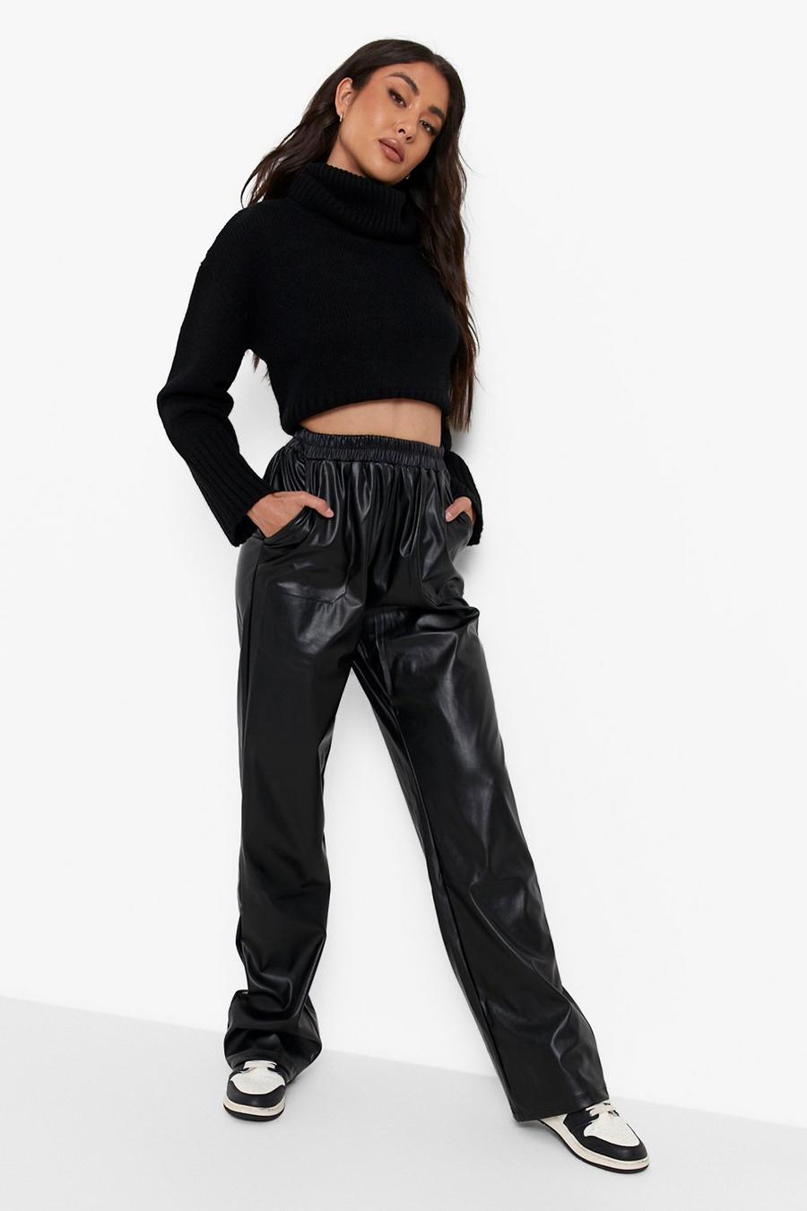 Black noir Shirred Waistband Leather Look Pu Trouser