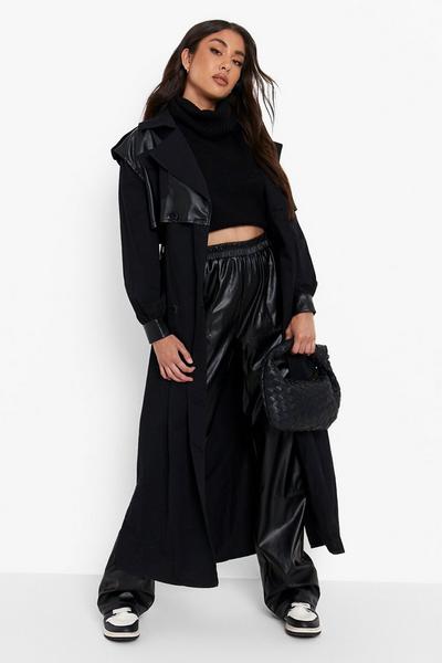 boohoo black Shirred Waistband Leather Look Pu Trouser
