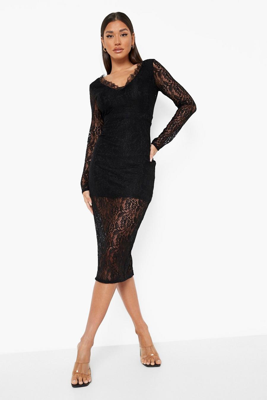 Black Lace Plunge Midaxi Dress image number 1