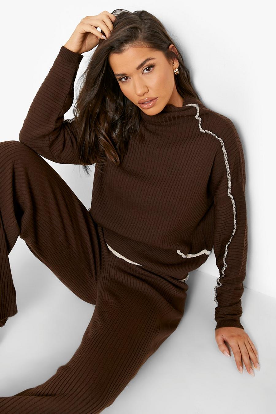 Chocolate Exposed Seam Knitted Co-ord image number 1