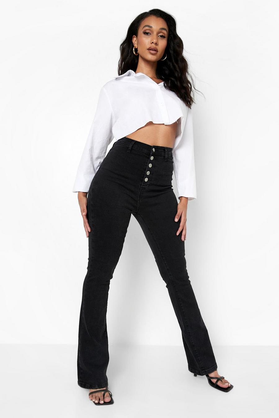 True black Multi Button Disco Flared Jeans image number 1
