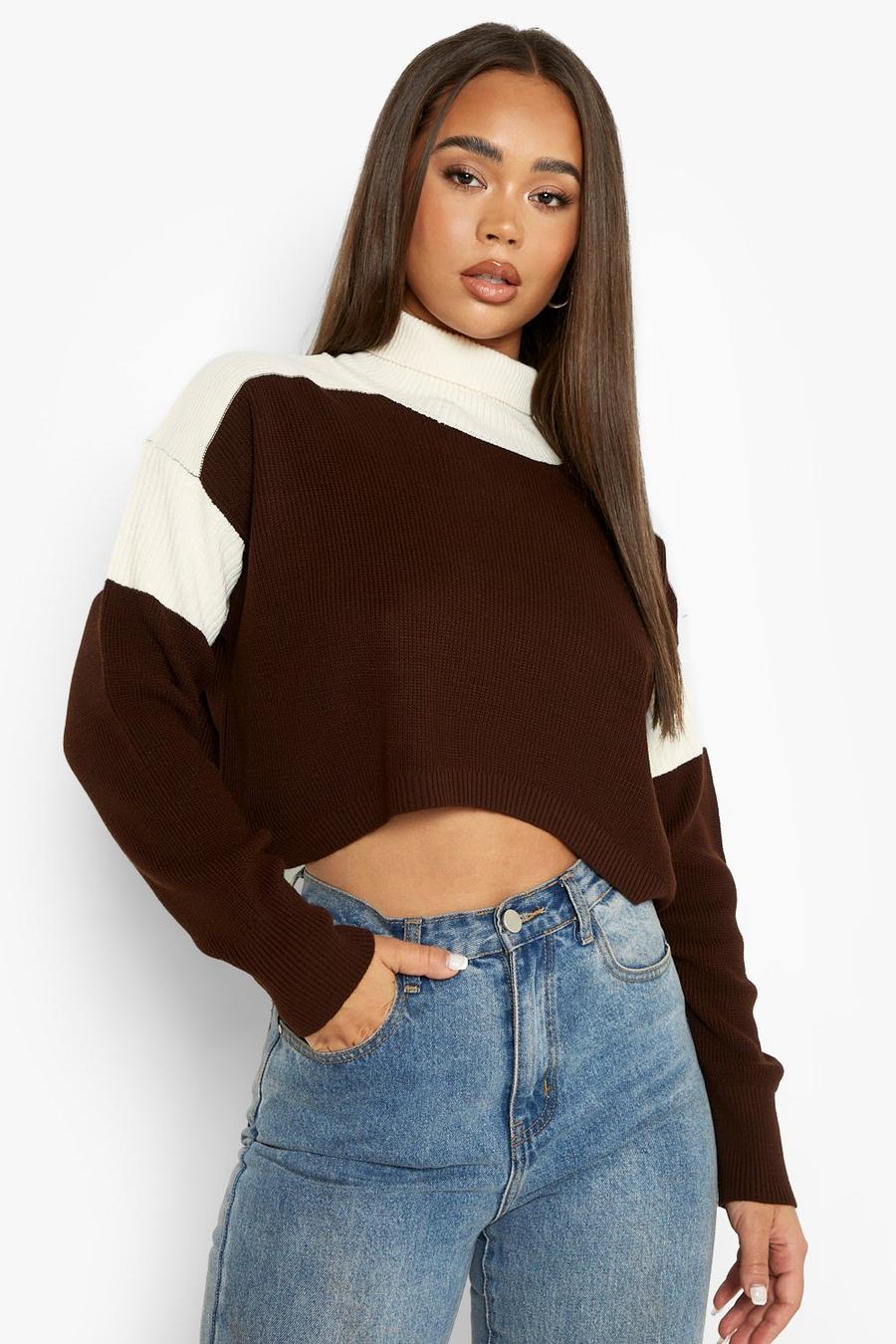 Chocolate Chunky Rib Shoulder Detail Crop Sweater image number 1