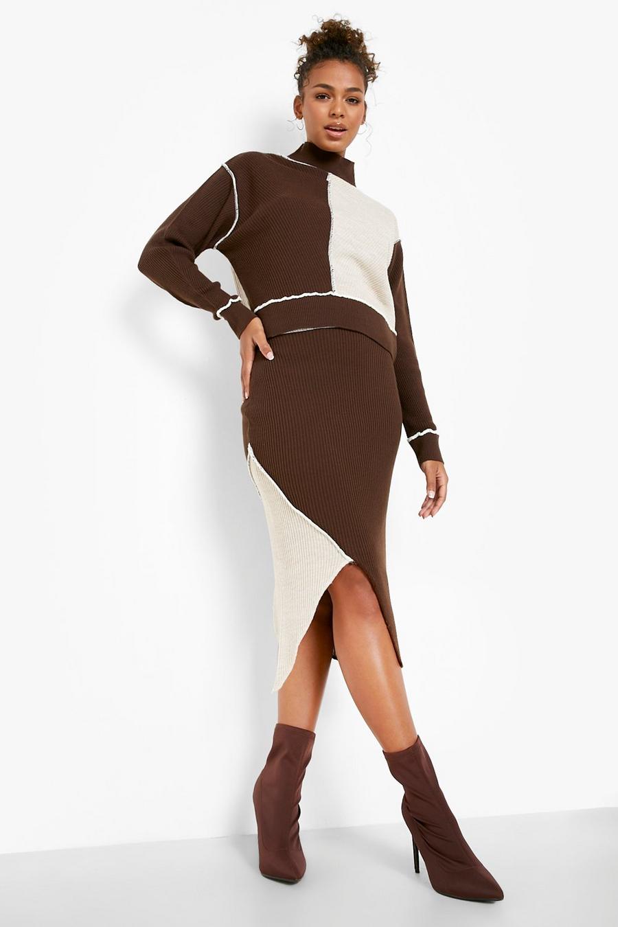 Chocolate Exposed Seam Asymmetric Knitted Co-ord image number 1
