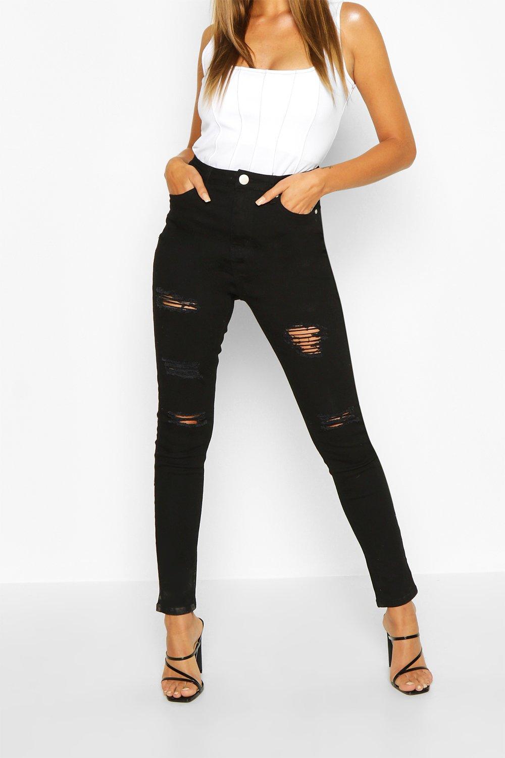 high waisted distressed black skinny jeans