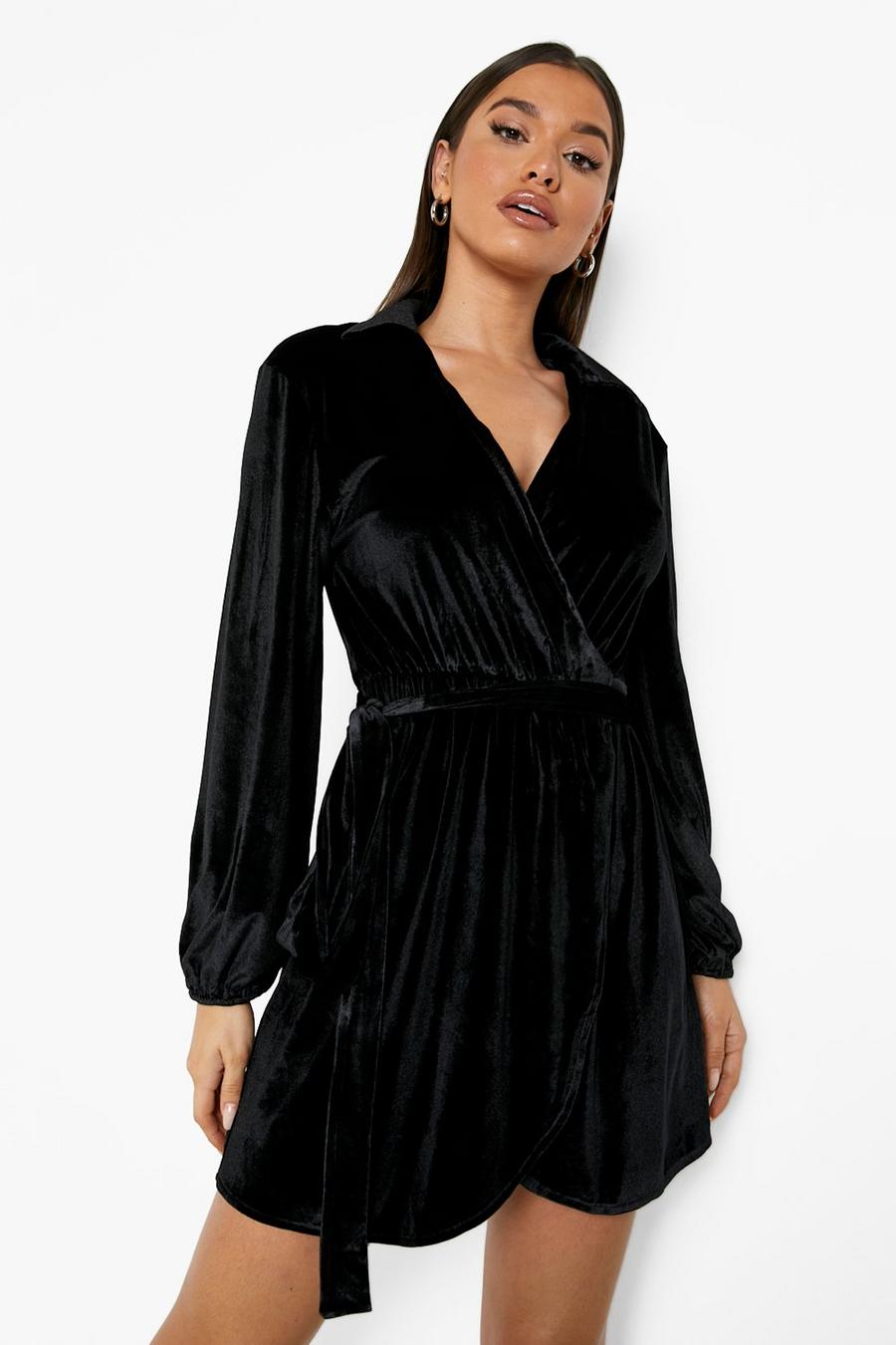 Black schwarz Velvet Wrap Collared Mini Dress