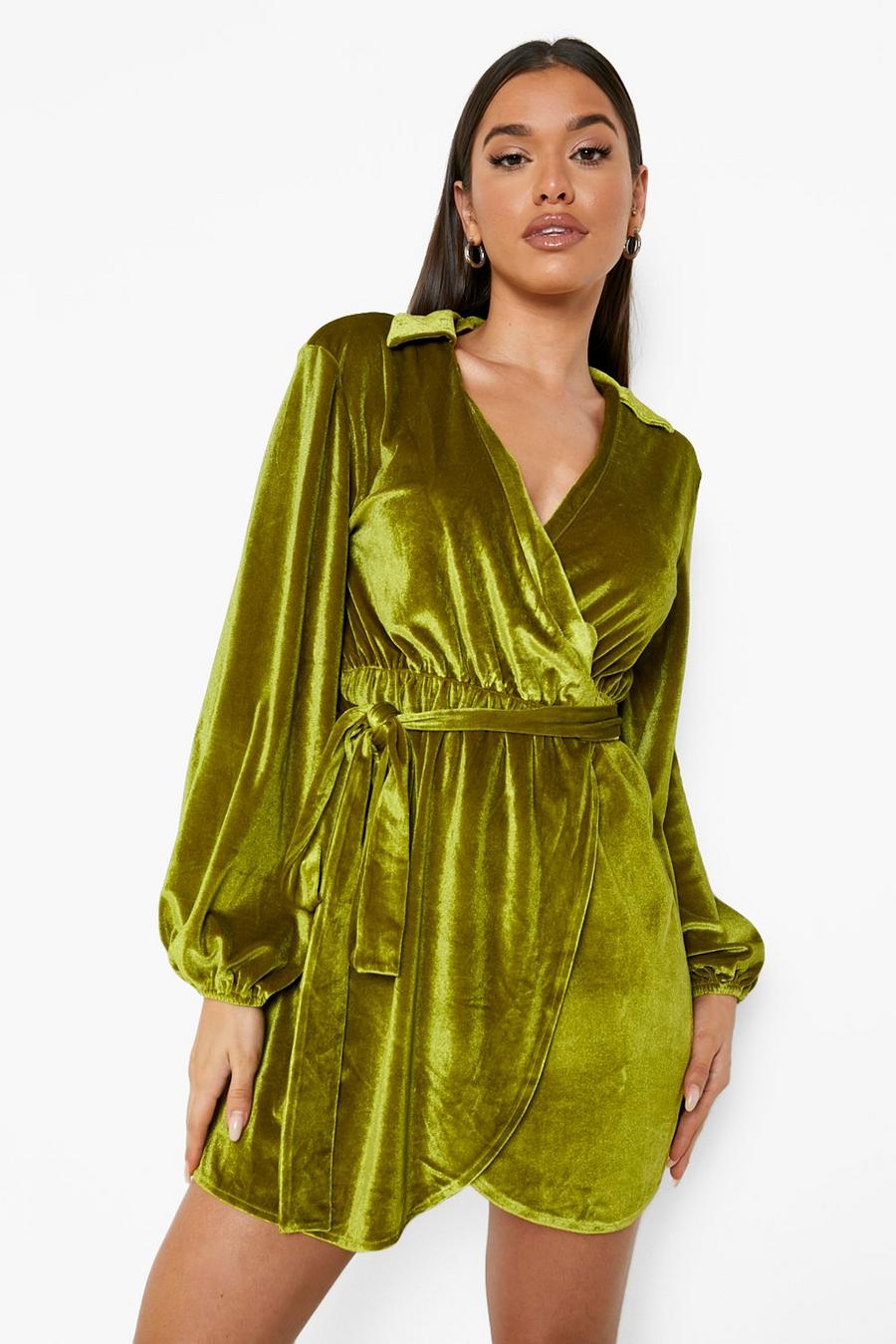 Lime Velvet Wrap Collared Mini Dress image number 1