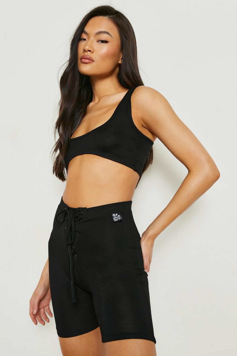 Black Bralet Lace Up Cycle Short Co Ord image number 1