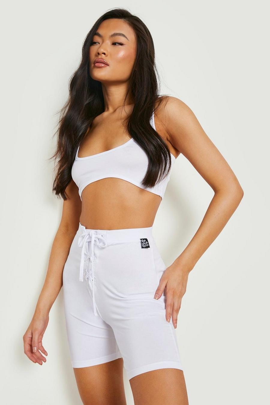 White Bralet Lace Up Cycle Short Co Ord image number 1