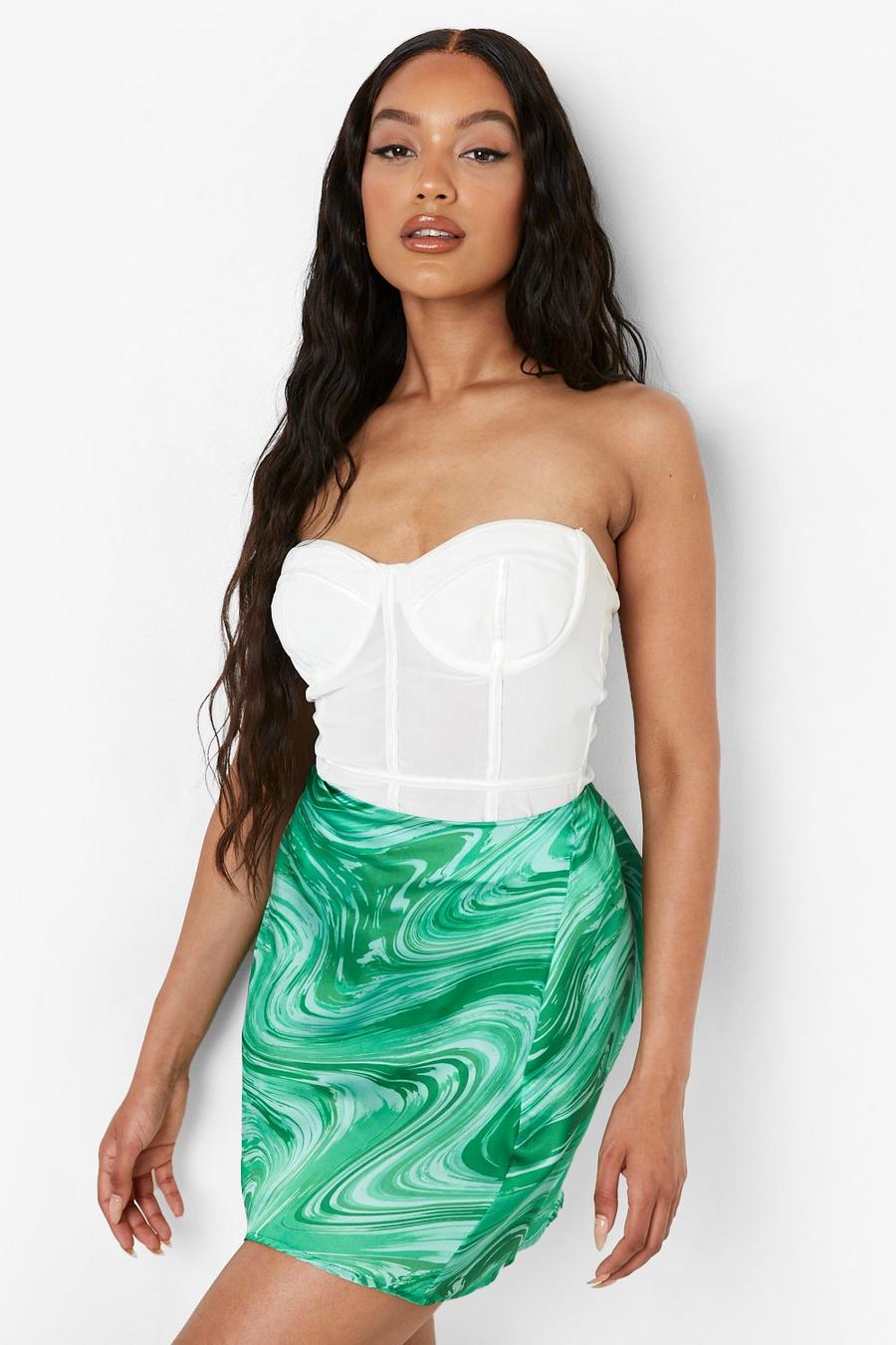 Green Marble Swirl Print Satin Slip Mini Skirt image number 1