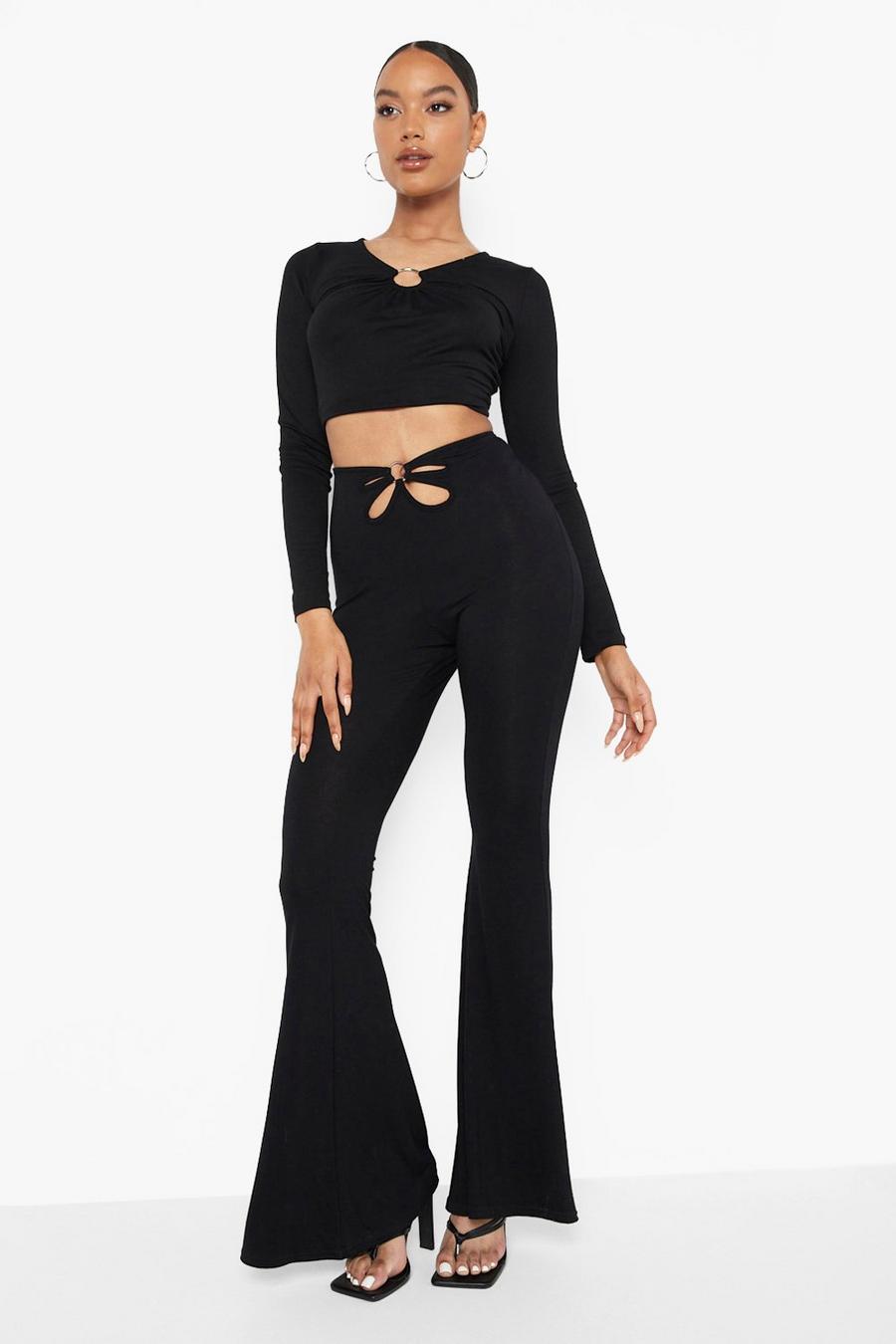 Black Ring Cut Out Detail Flared Trousers image number 1