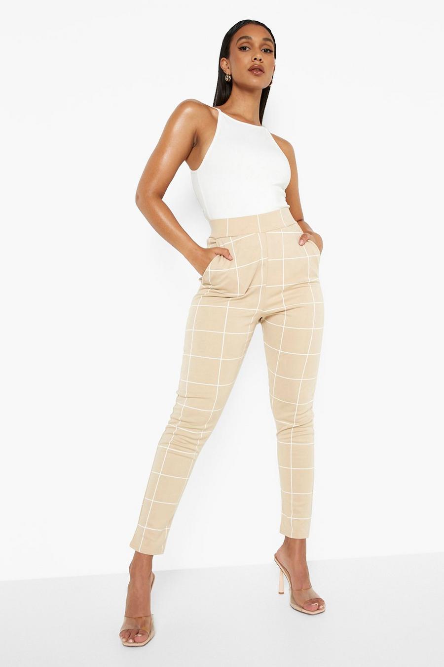Beige Check Print High Waisted Skinny Trousers image number 1
