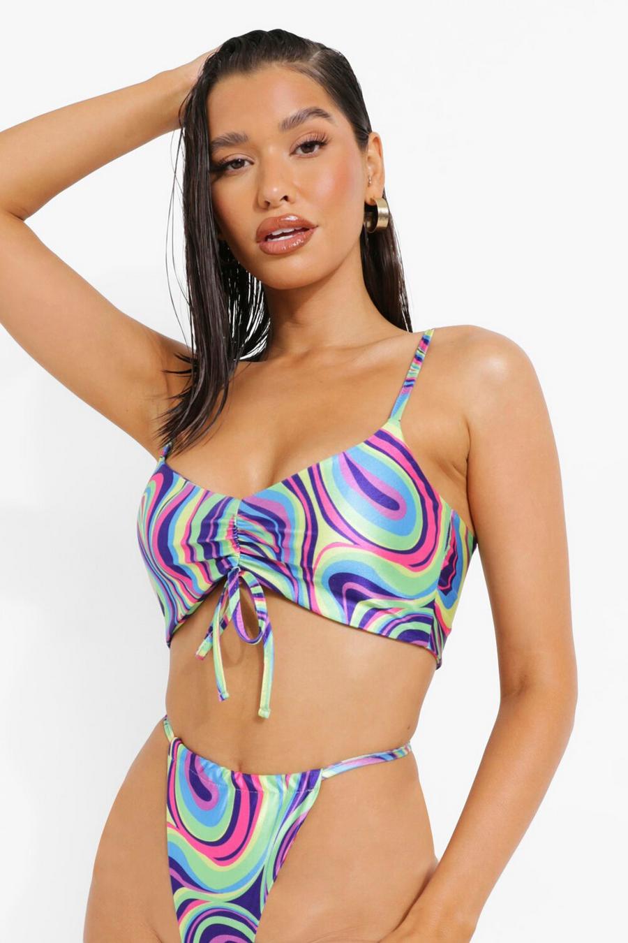 Blue Neon Marble Ruched Tie Bikini Top image number 1
