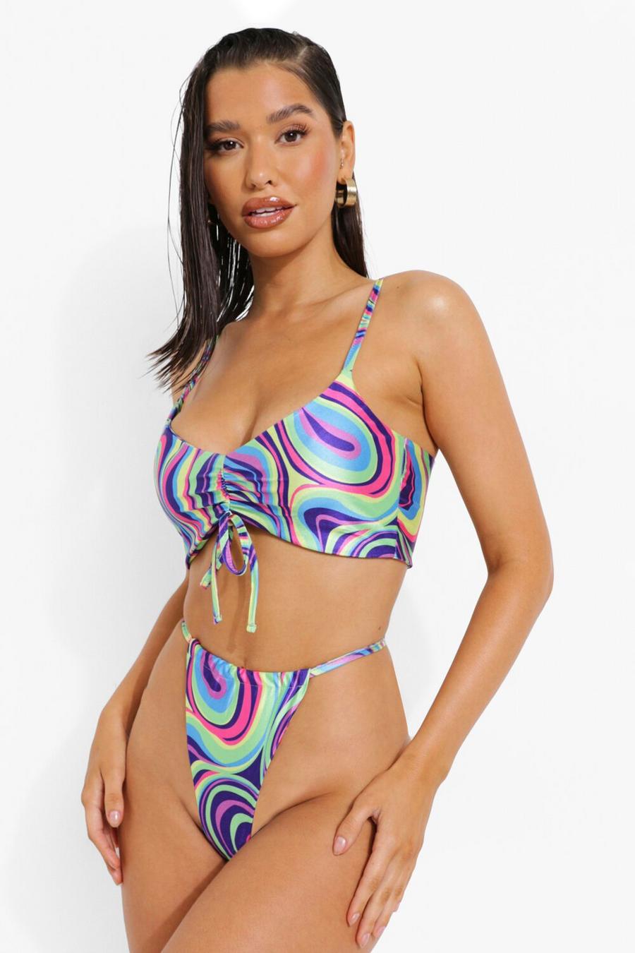 Slip bikini tanga con increspature e stampa marmorizzata a colori fluo, Azzurro image number 1