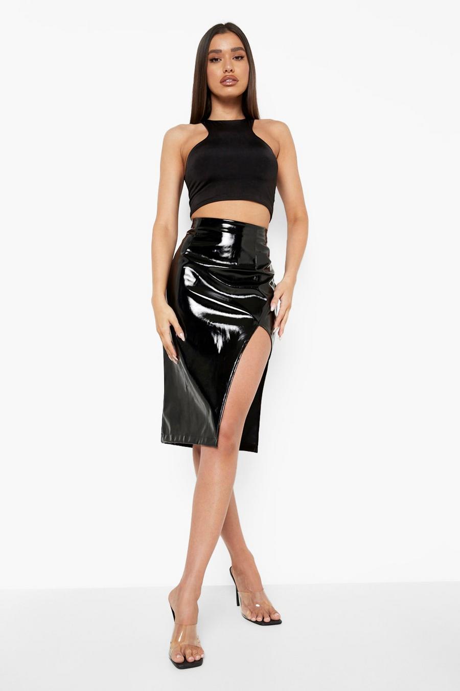 Black Vinyl Asymmetric Thigh Split Midi Skirt image number 1
