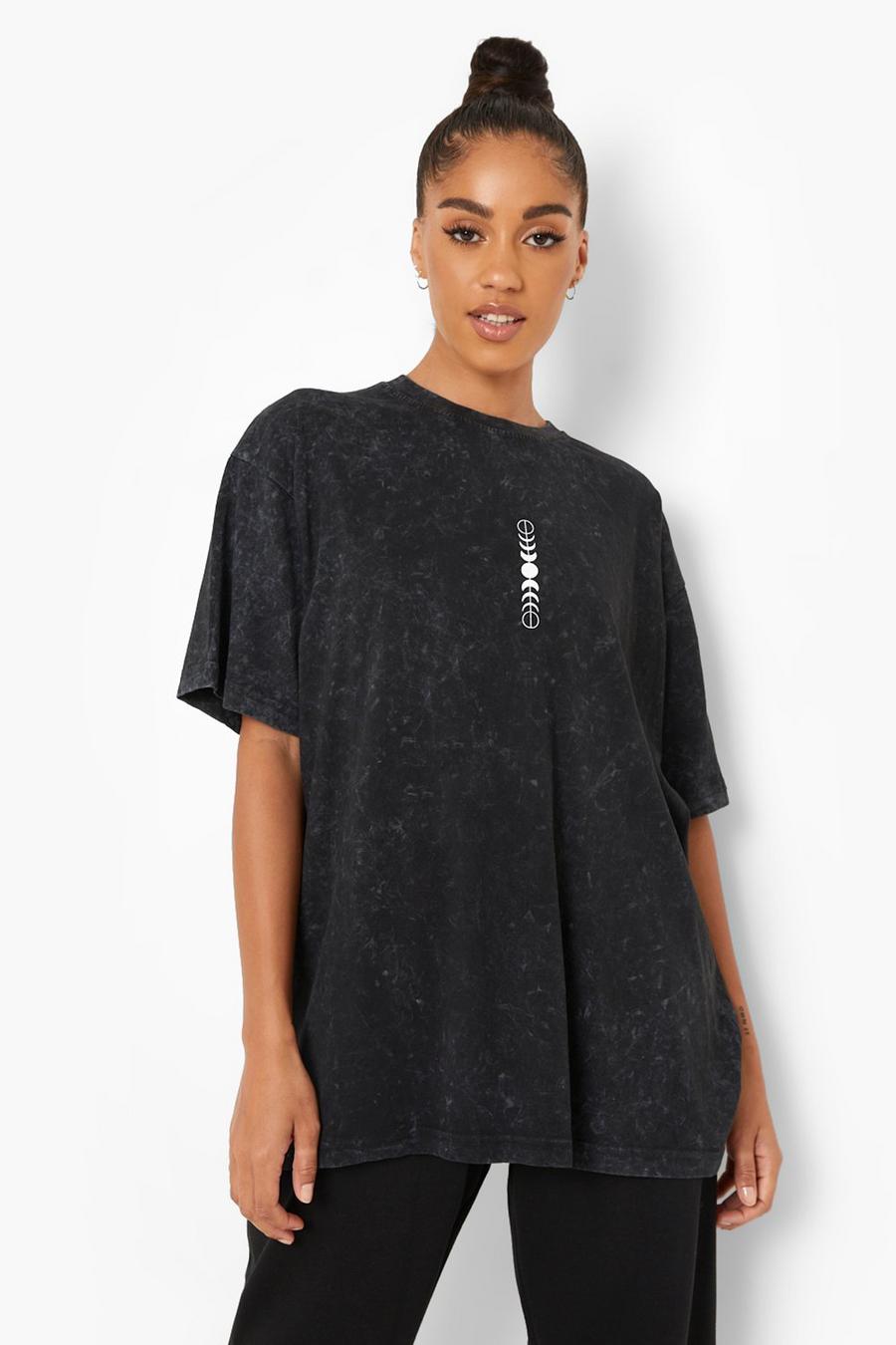 Charcoal Oversized Acid Wash Gebleekt T-Shirt Met Opdruk image number 1