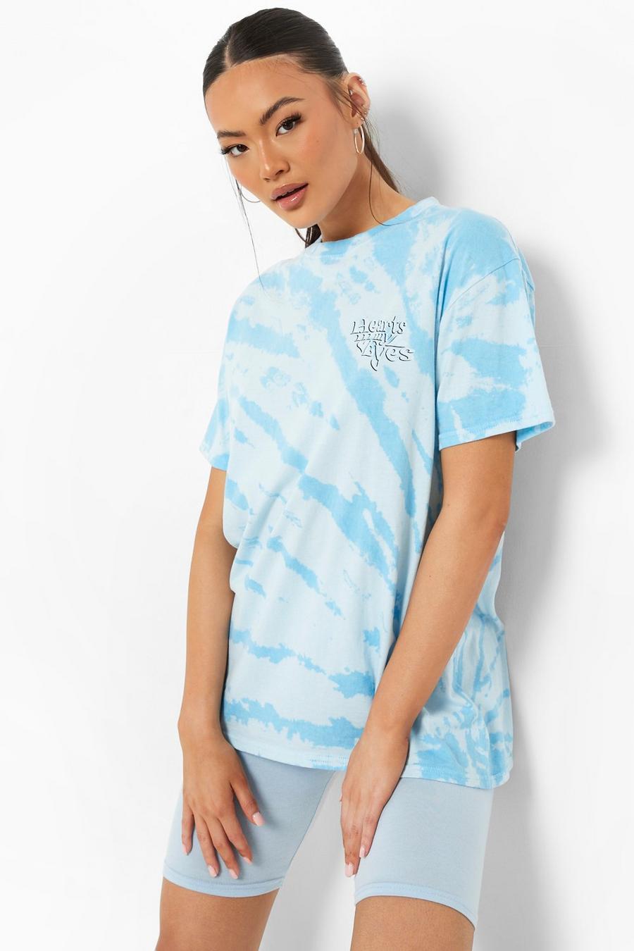 T-shirt oversize in fantasia tie dye con stampa ad altezza taschino, Blue image number 1