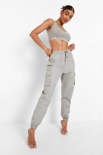 Grey High Waist Woven Pocket Cargo Trousers