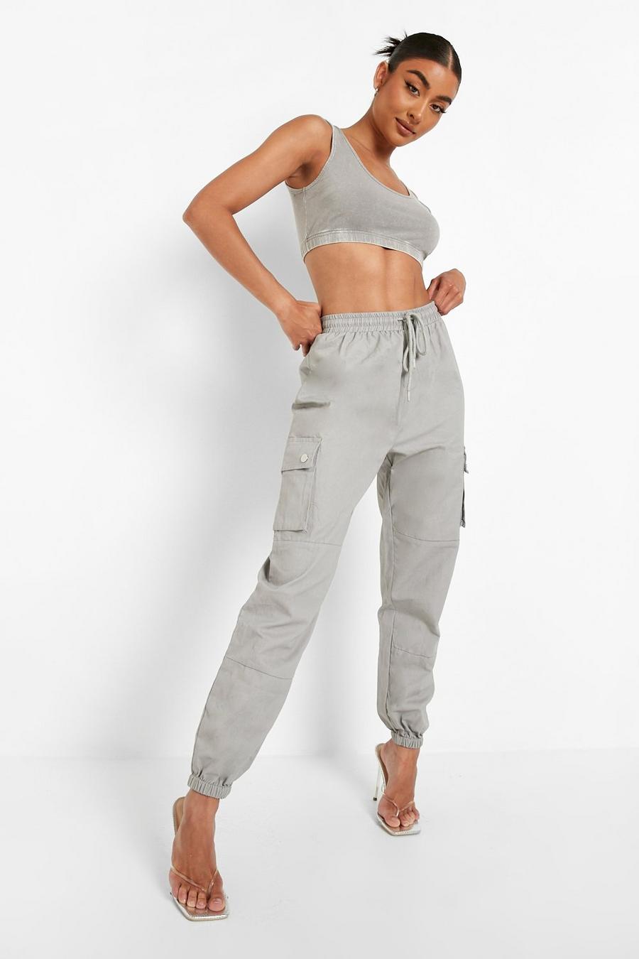 Grey High Waist Woven Pocket Cargo Trousers image number 1