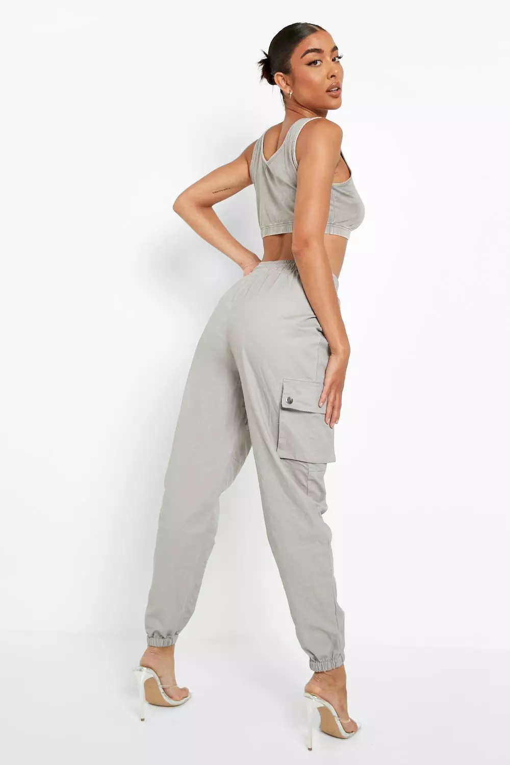 Grey High Waisted Butterfly Print Zip-Up Flare Cargo Pants – IRHAZ