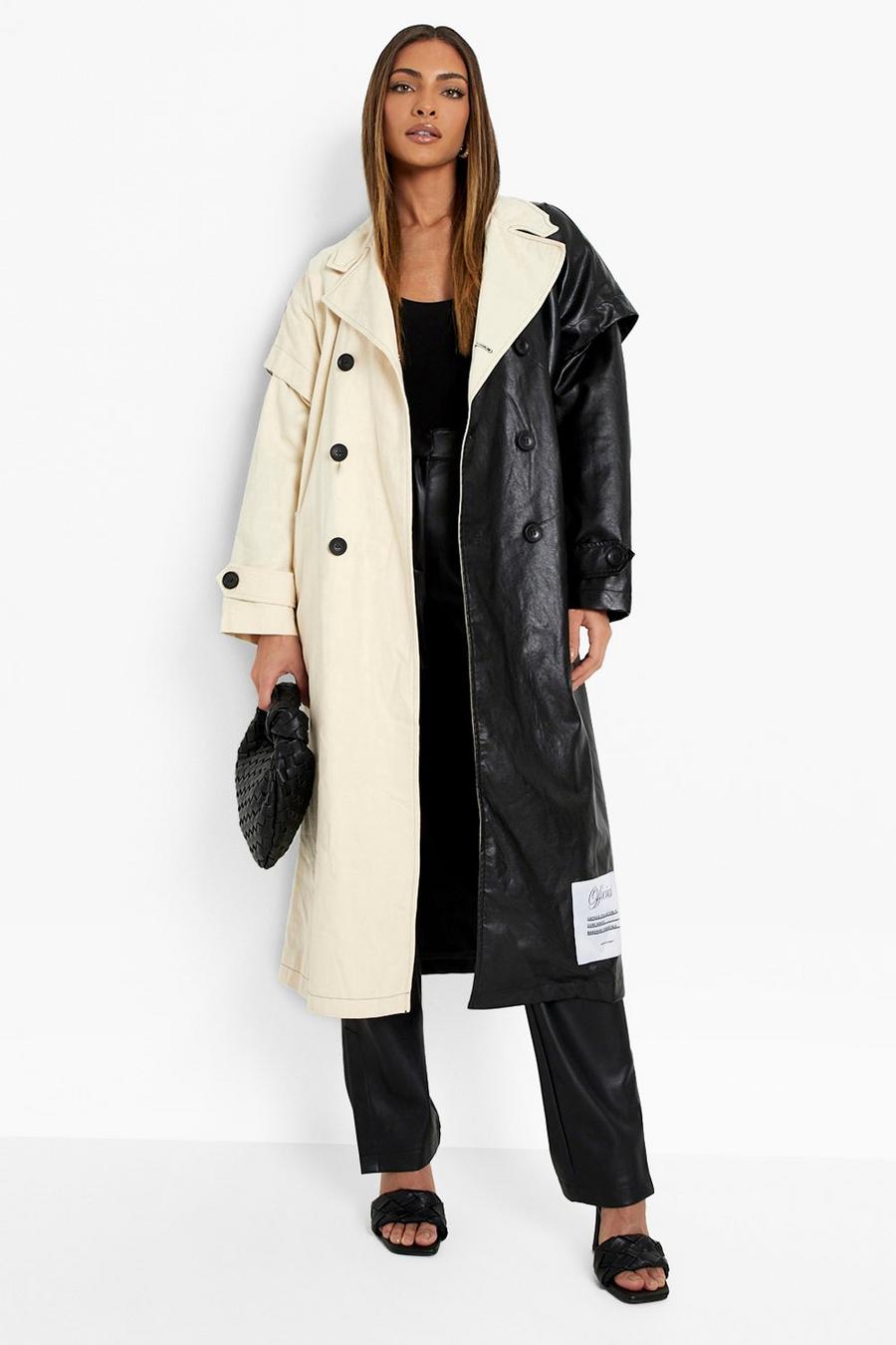 Black Oversized Pu Spliced Trench Coat image number 1