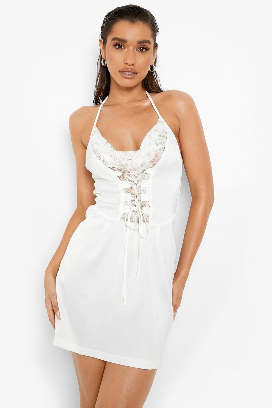 Kleid mit Wasserfallausschnitt und Spitzen-Detail, White image number 1