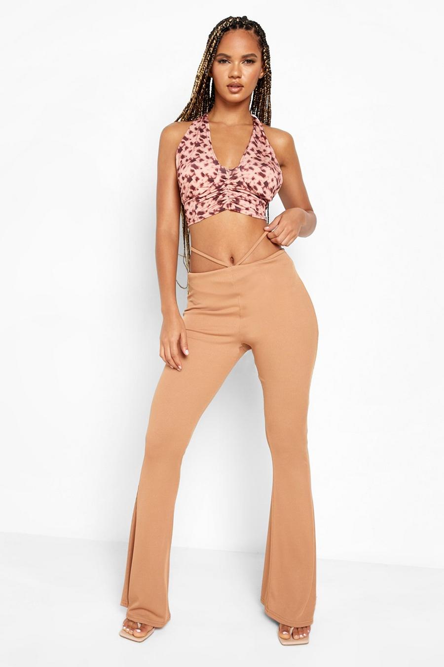 Camel Cut Out Strap Waist Detail Ribbed Flares image number 1