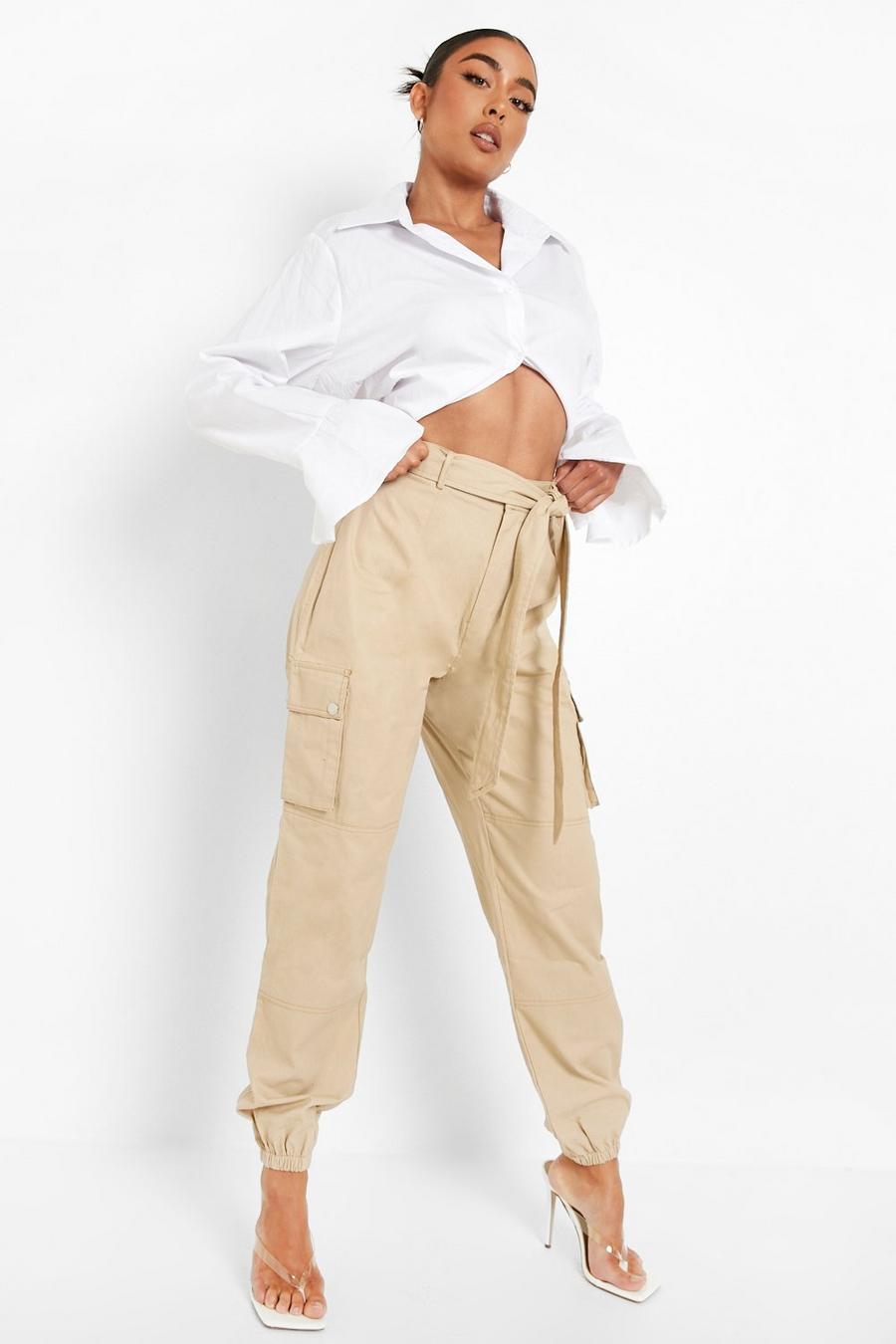 Beige Contrast Stitch Cargo Trousers image number 1