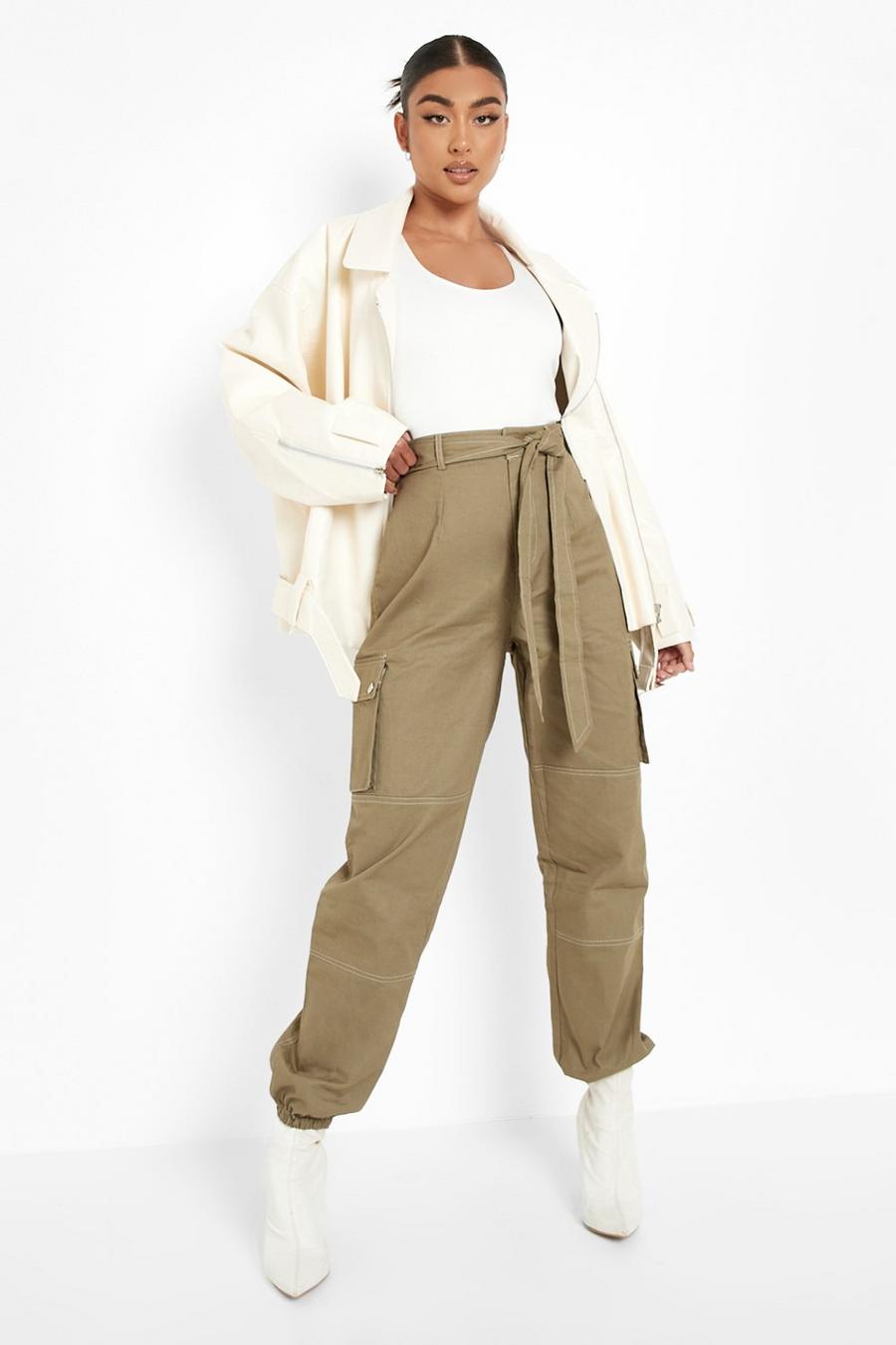 Khaki Contrast Stitch Cargo Trousers image number 1