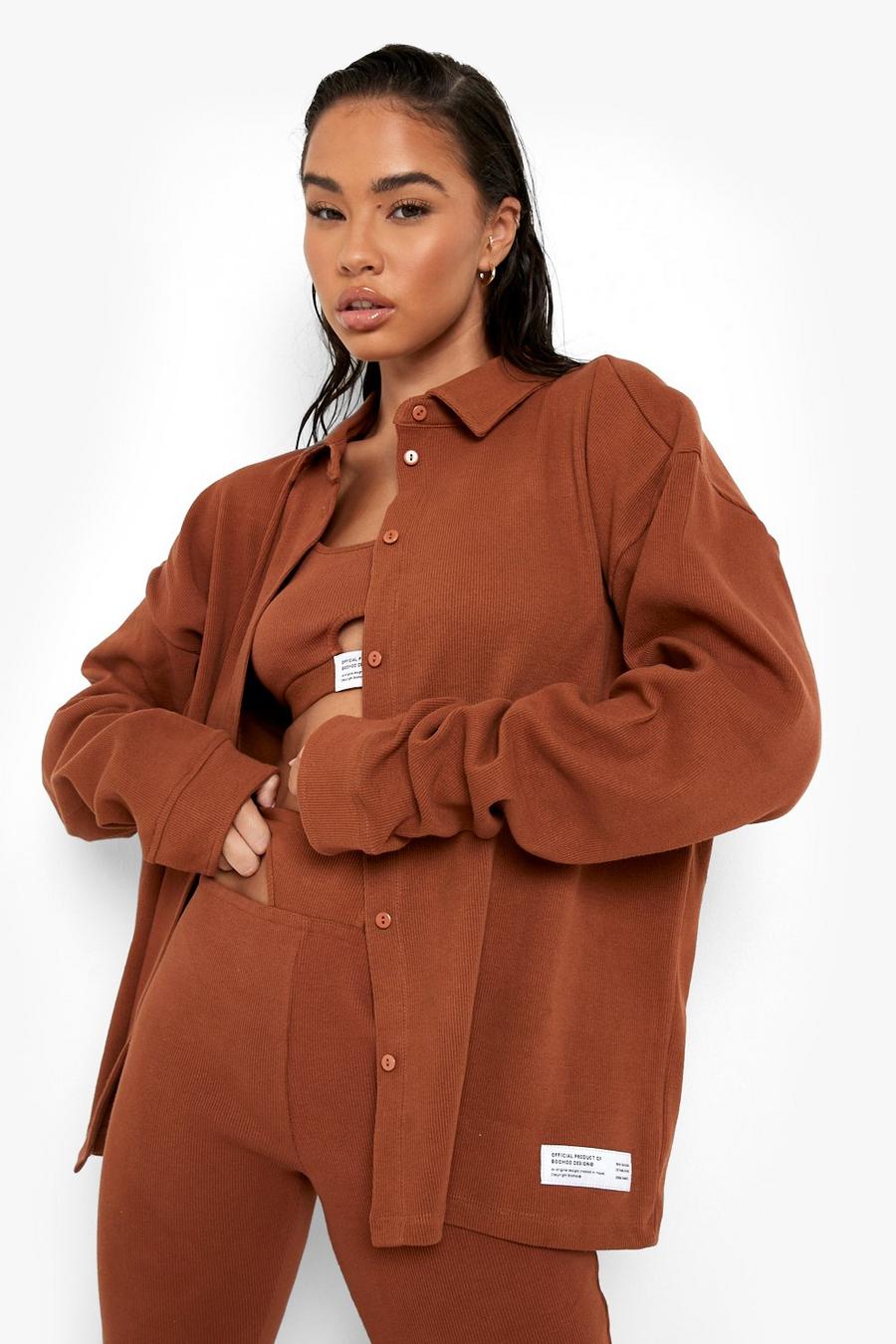 Camisa oversize de canalé, Chocolate marrone