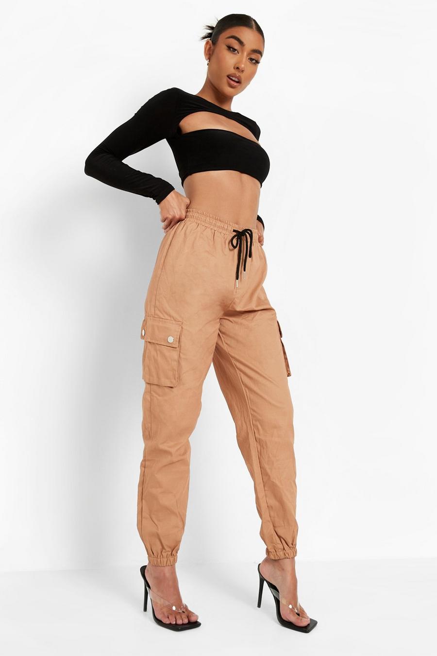 Camel Contrast Drawstring Waist Cargo Trousers image number 1