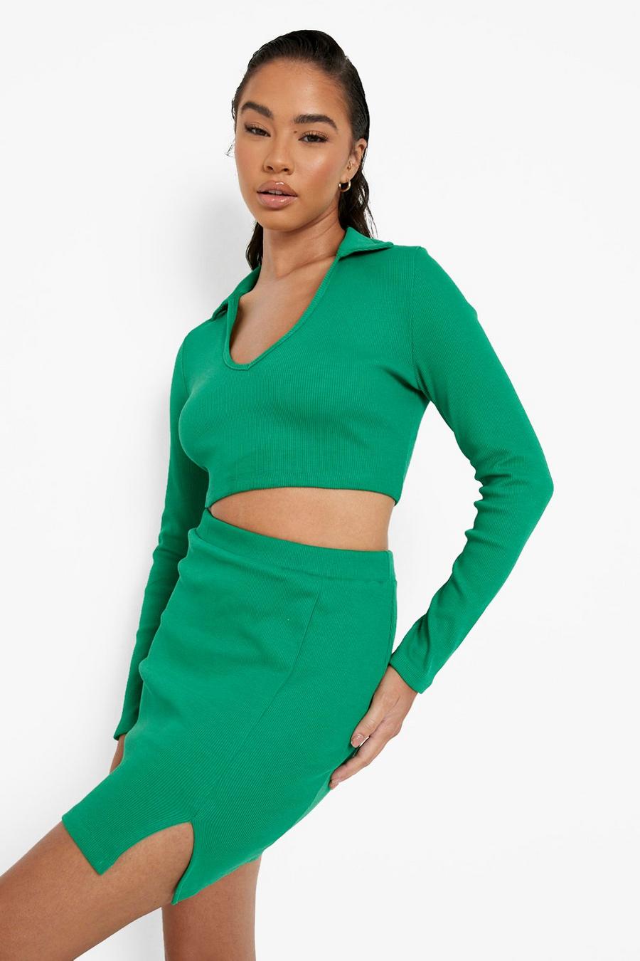 Green Thick Rib Collared Top And Skirt Co-ord image number 1