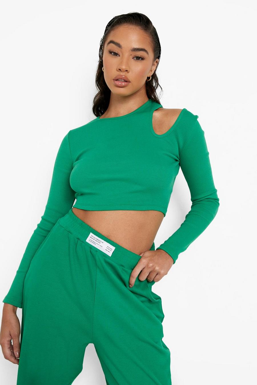 Green Rib Cut Out Long Sleeve Crop Top image number 1