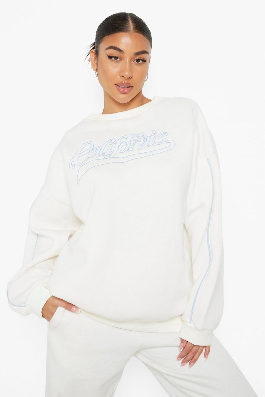 Ecru white California Embroidered Piping Detail Sweater