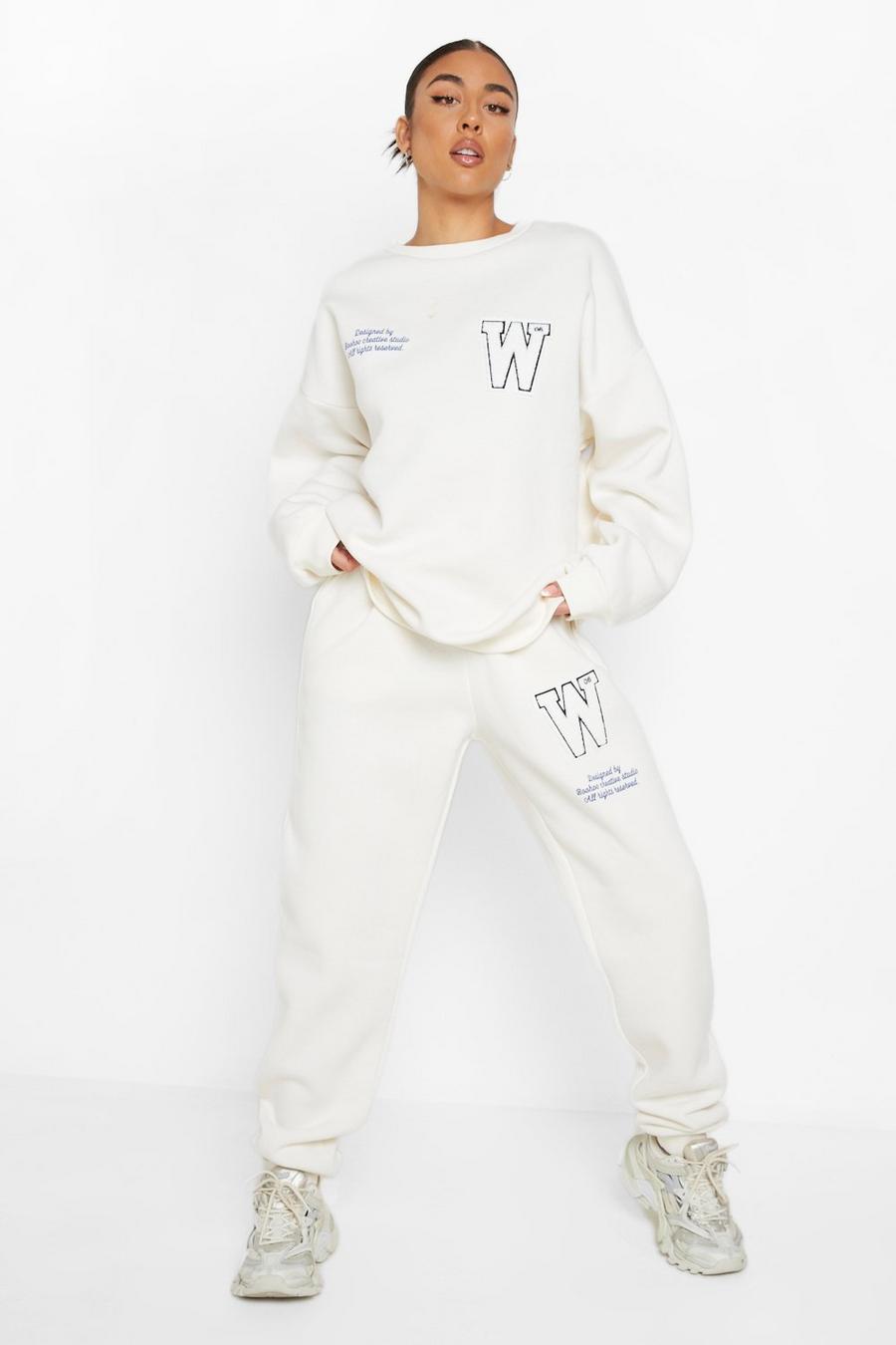 Ecru white W Towelling Applique Sweater Tracksuit image number 1