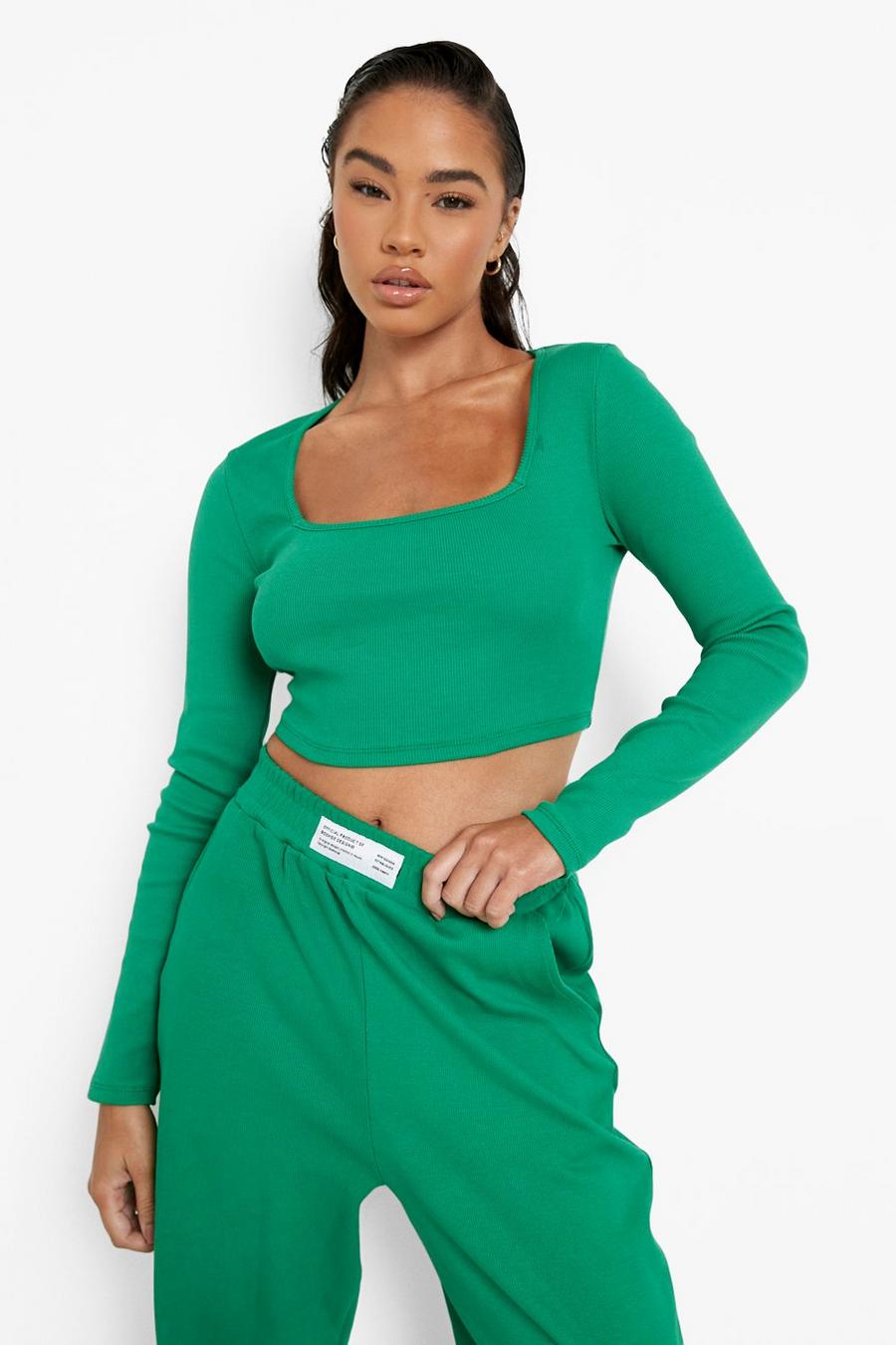 Green Rib Square Neck Crop Top image number 1