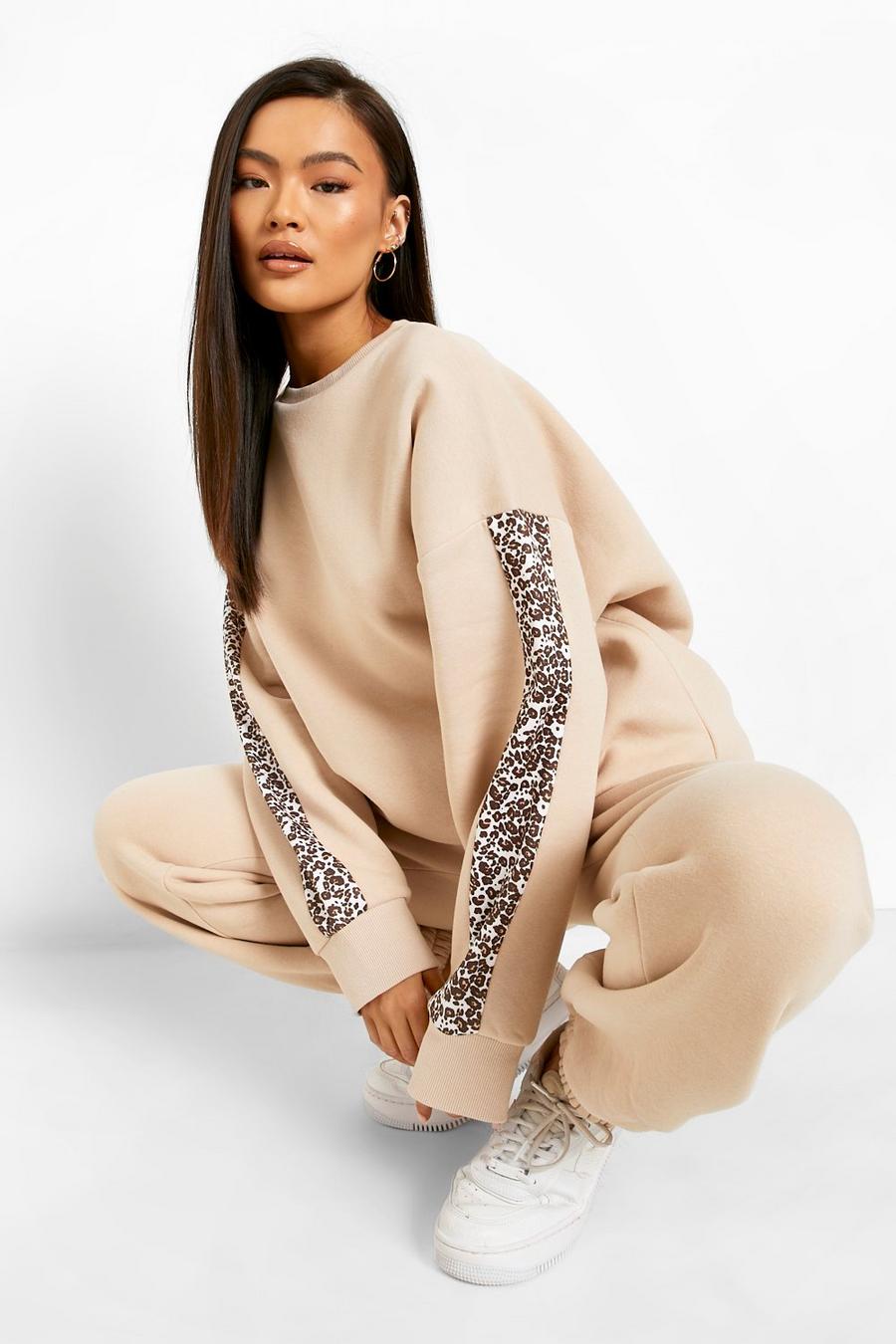 Stone Leopard Side Colour Block Sweater Tracksuit image number 1