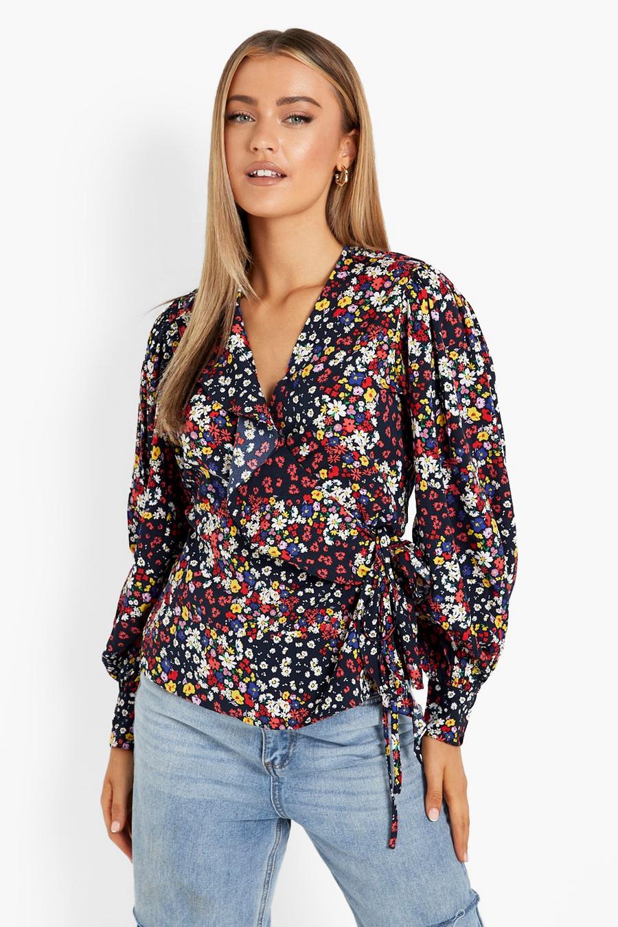 Navy Floral Frill Detail Wrap Top image number 1