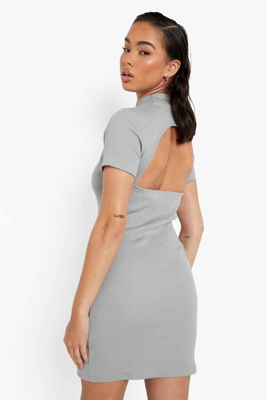 Grey Thick Premium Rib Cut Out Back Mini Dress image number 1