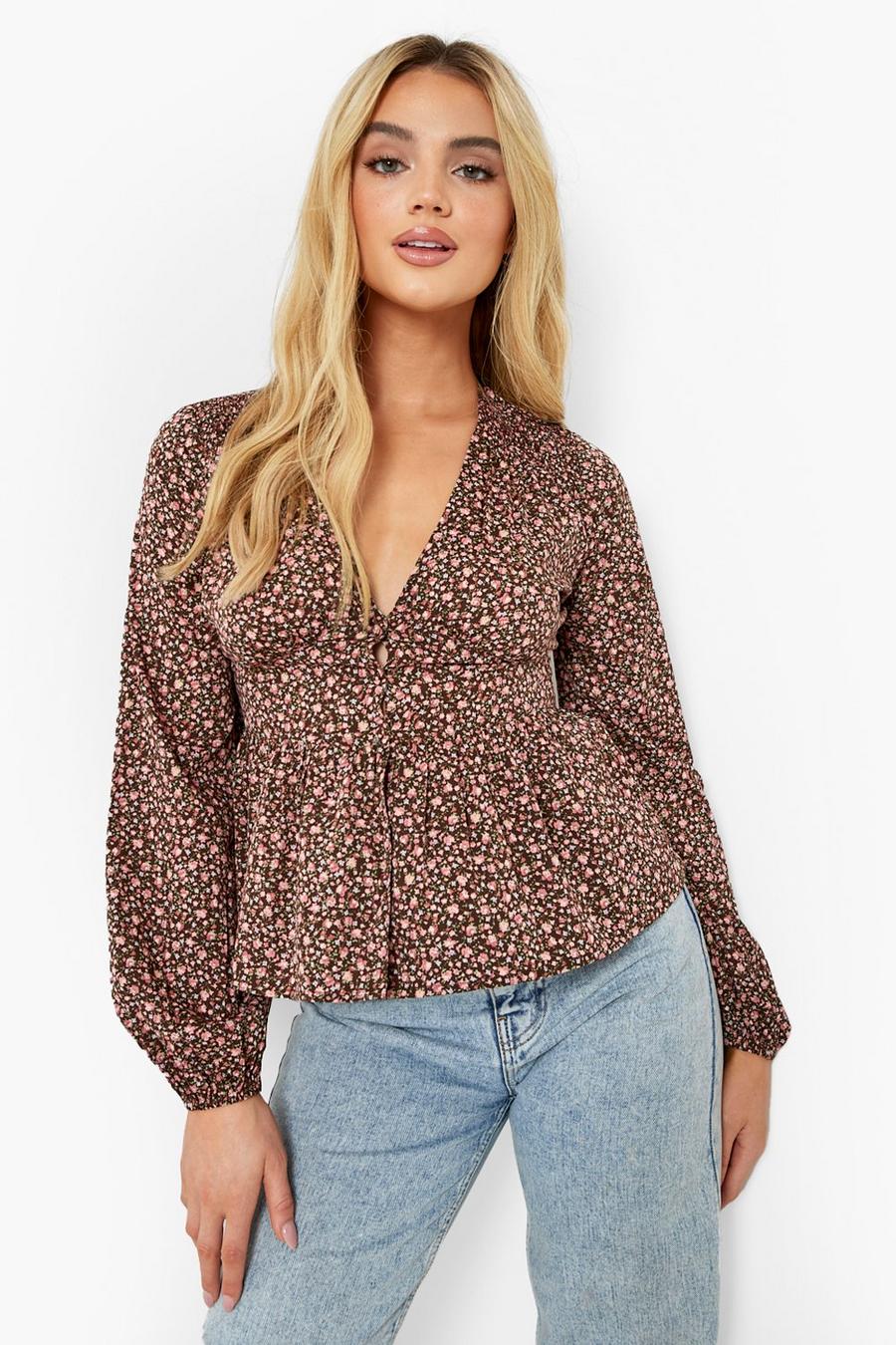 Brown Ditsy Floral Button Up Smock Top image number 1